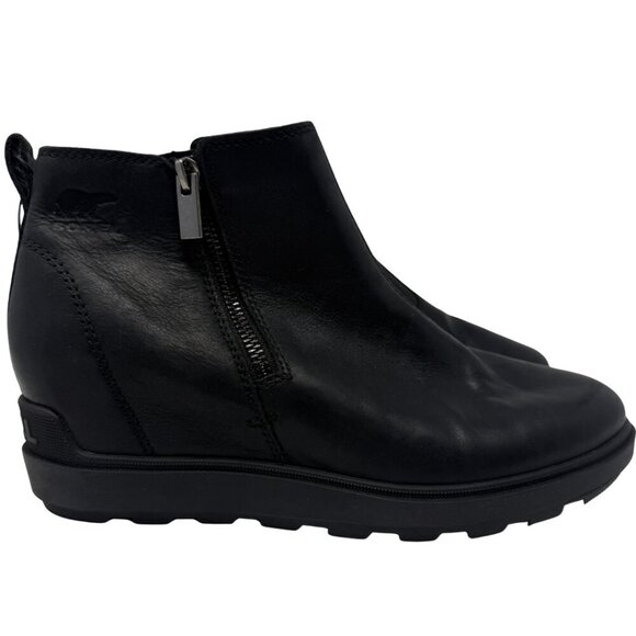 Sorel Evie II Zip Waterproof Leather Ankle Bootie Womens 9 Black Wedges City NWT - Picture 2 of 16
